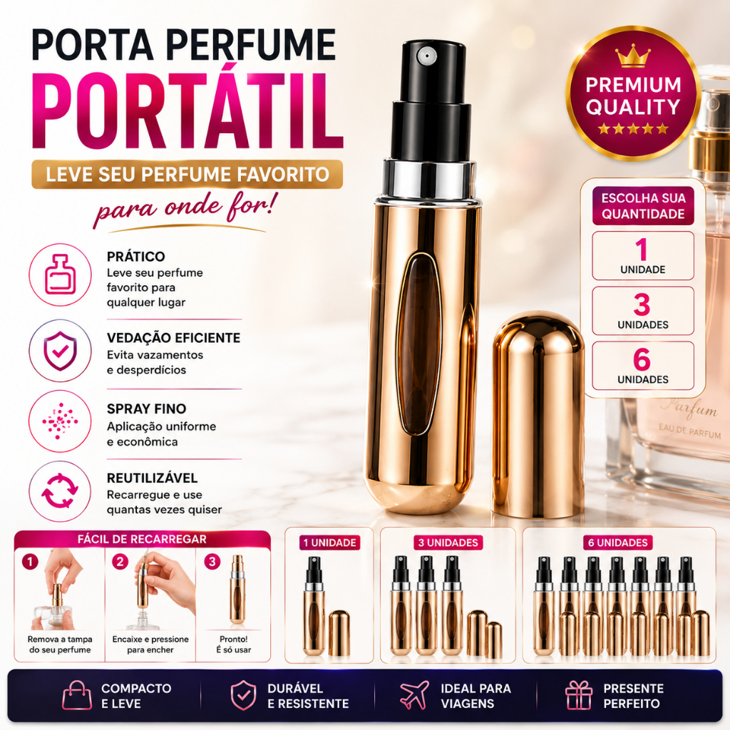 Frasco Porta Perfume 5ml DOURADO Porta Perfume Recarregável Portátil Spray Embalagem Mimo cliente