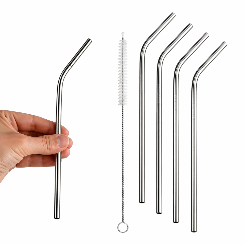 Canudos Inox Curvos com Escova Limpeza Reutilizáveis Copos Drinks
