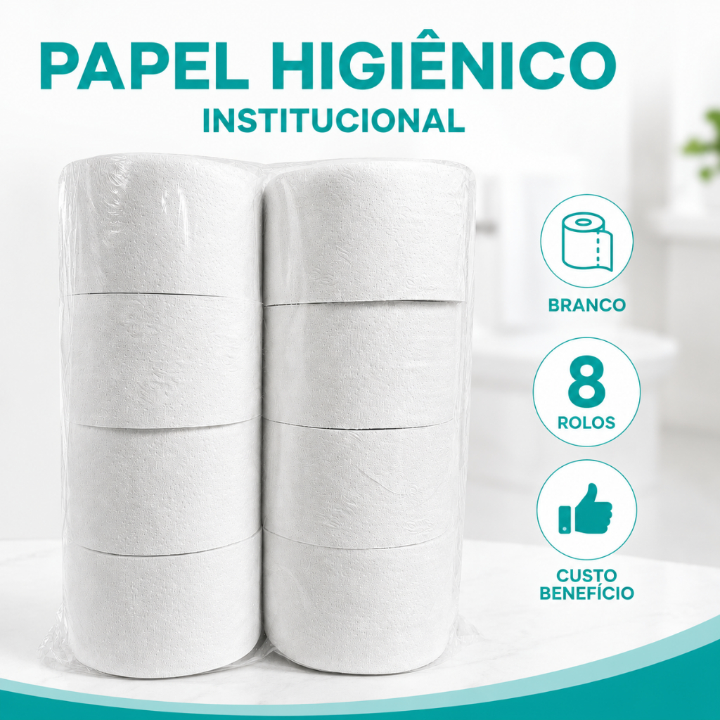 Papel Institucional Higienico de 300 mts pct com 8 rolão Branco