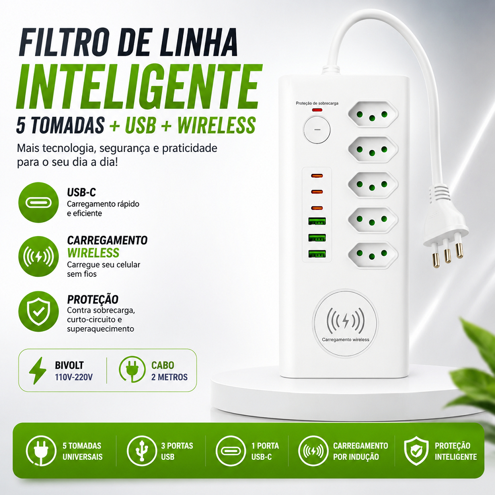 Extensão Filtro de Linha 5 Tomadas Carregador Indução 3 Portas USB e USB-C