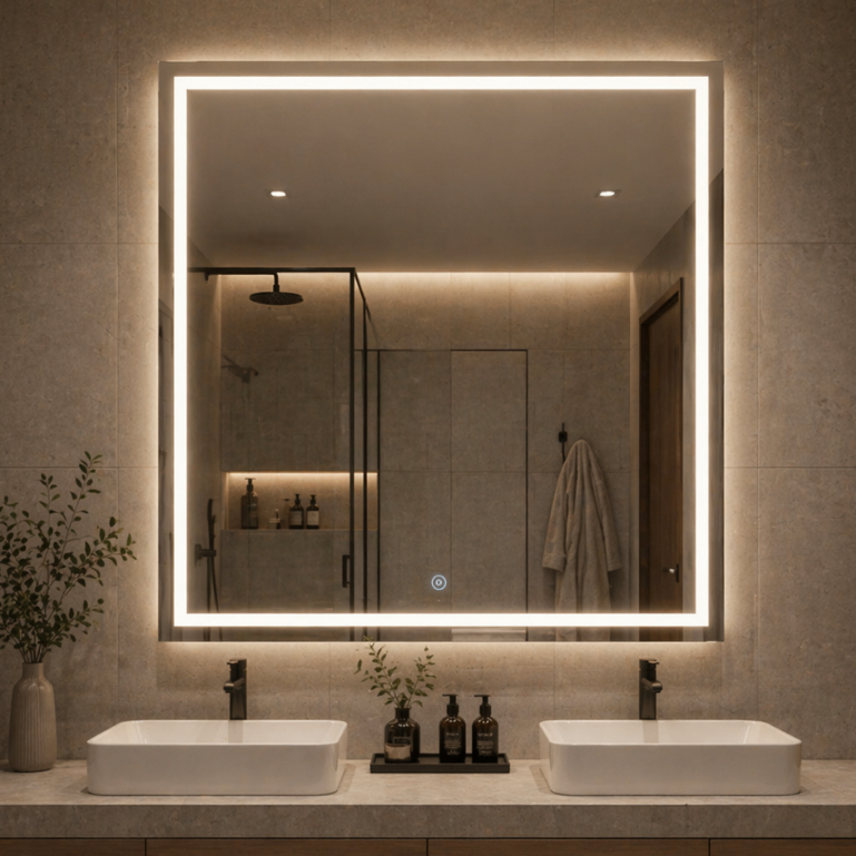 Espelho Quadrado com LED mais Forte 50x50 Botão Touch 3 Cores Jateado Lapidado Banheiro Premium
