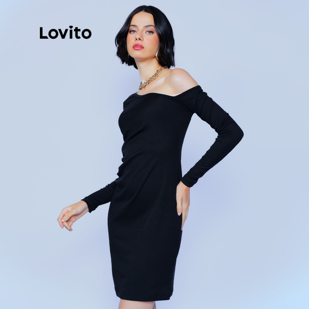 Lovito Vestido Feminino em Malha Curto com Decote Assimétrico e Manga Longa DRB611BRL641