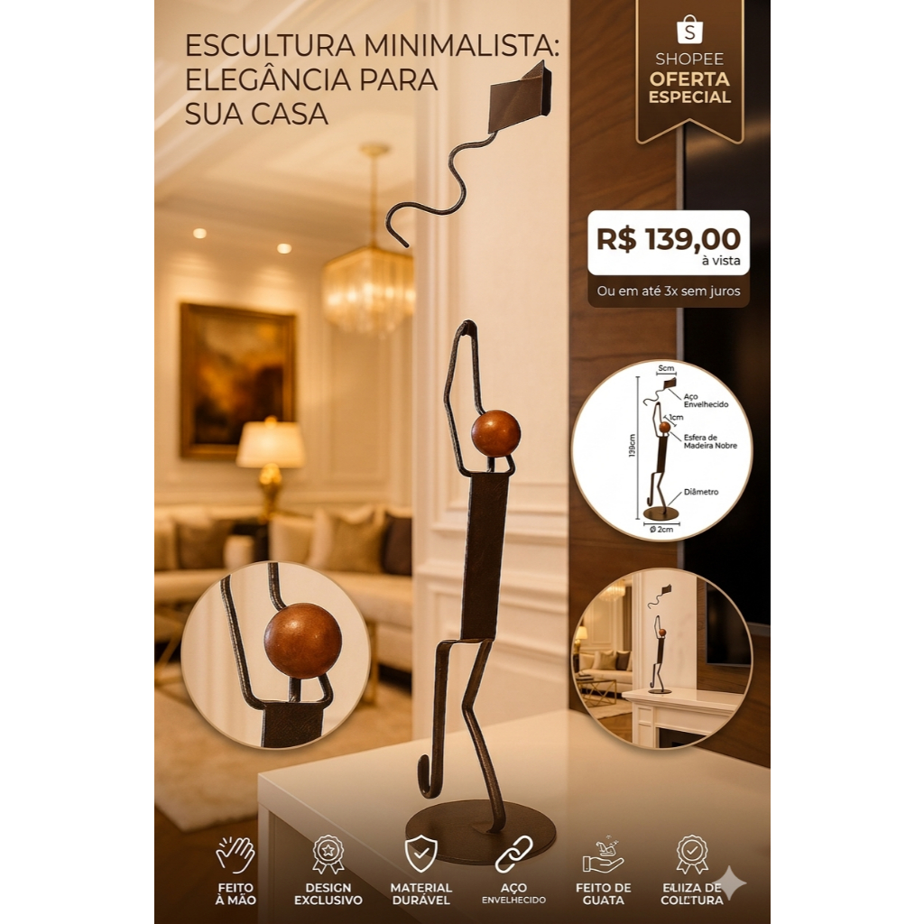 Escultura Menino Soltando Pipa Em Ferro E Madeira Decorativo - Bronze