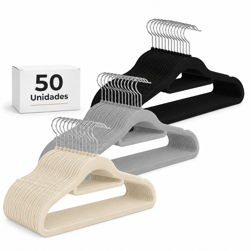 Kit 50 Cabides Veludo Adulto Slim Antiderrapante