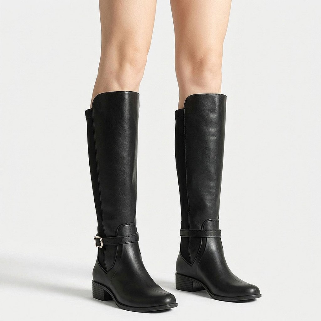Bota Feminina Montaria Lolita Cano Alto Com Fivela Impermeável Leve e Confortável- Preto