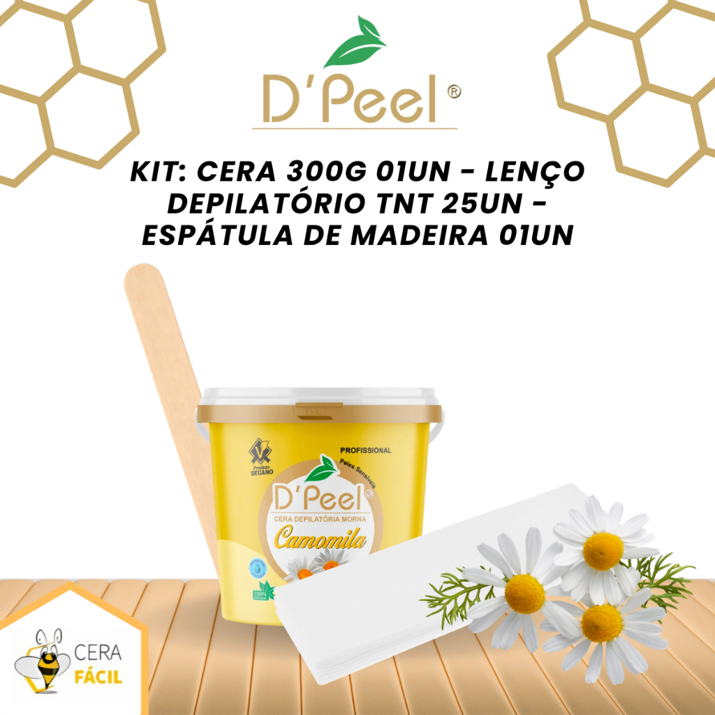 Kit Depilatório Cera Hidrossolúvel Camomila 300g + Lenço TNT 25un + Espátula