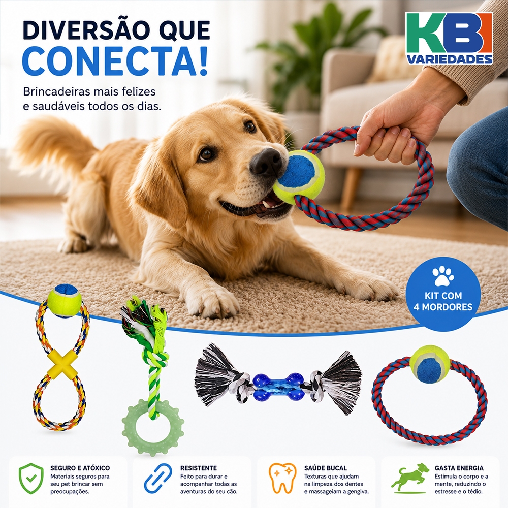 Kit 4 Brinquedos Sortidas Cordas Mordedor Bola P Cachorro Cão Dog Pet