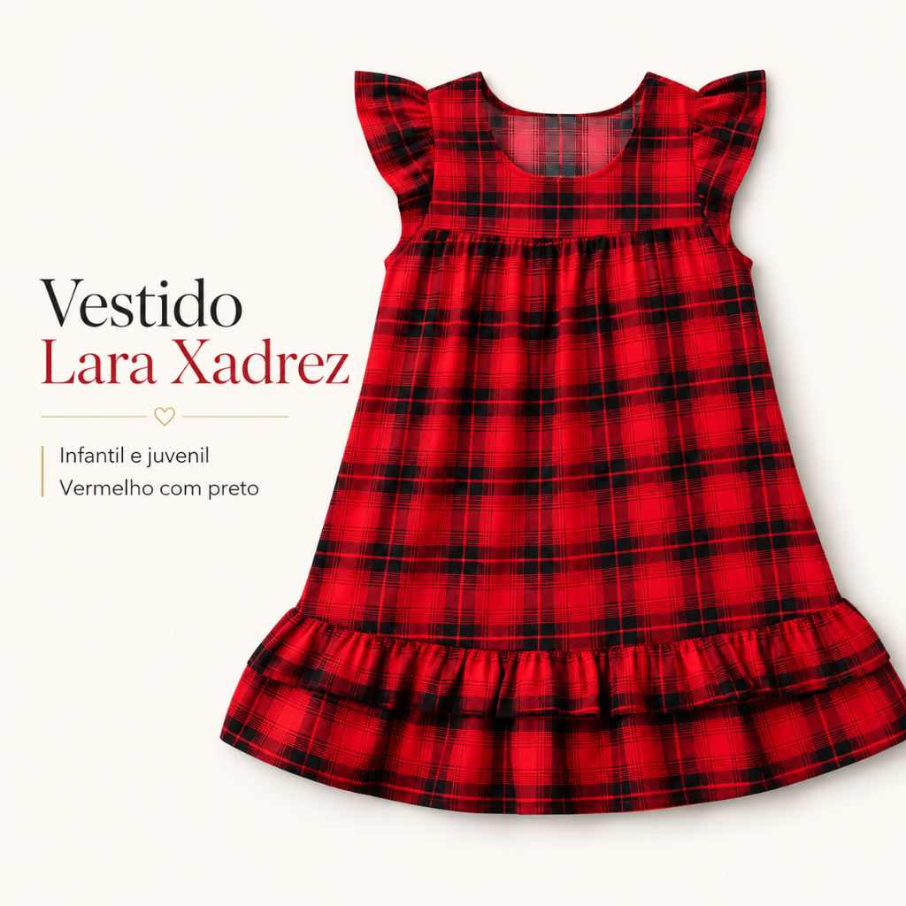 Vestido infantil e juvenil Lara Xadrez Preto com Vermelho Grande Junino Menina Modinha