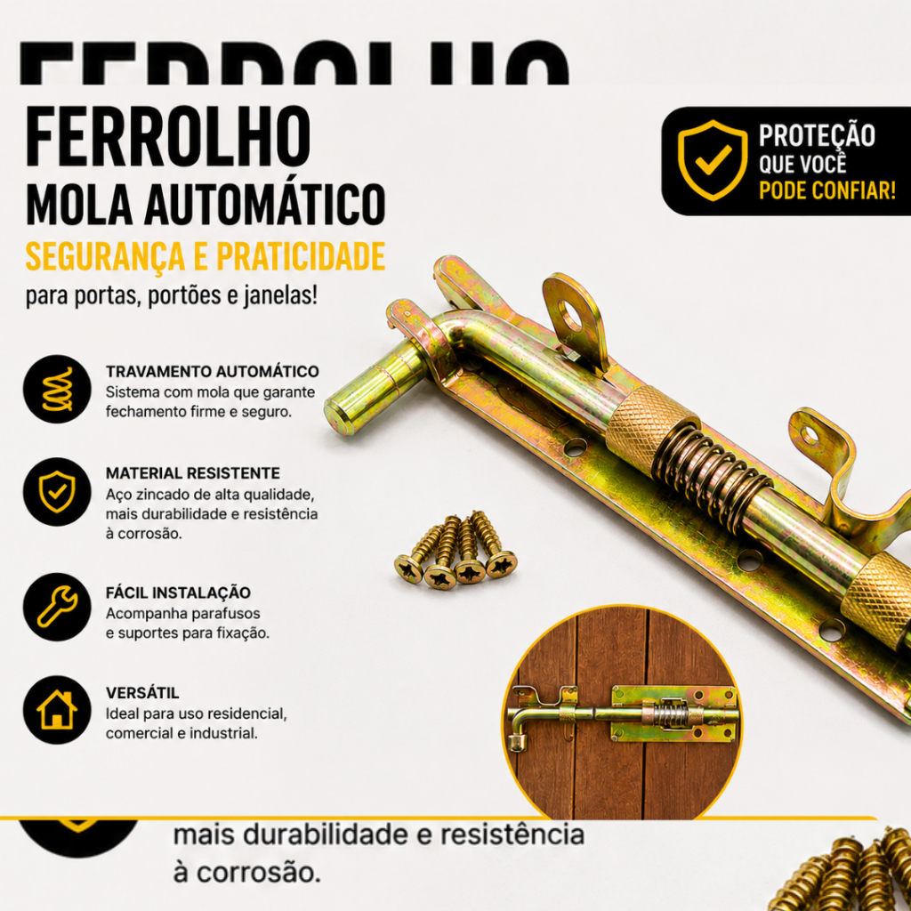 Ferrolho 10" com Mola Automática em Aço Zincado – Trava de Segurança Reforçada para Portas e Portões