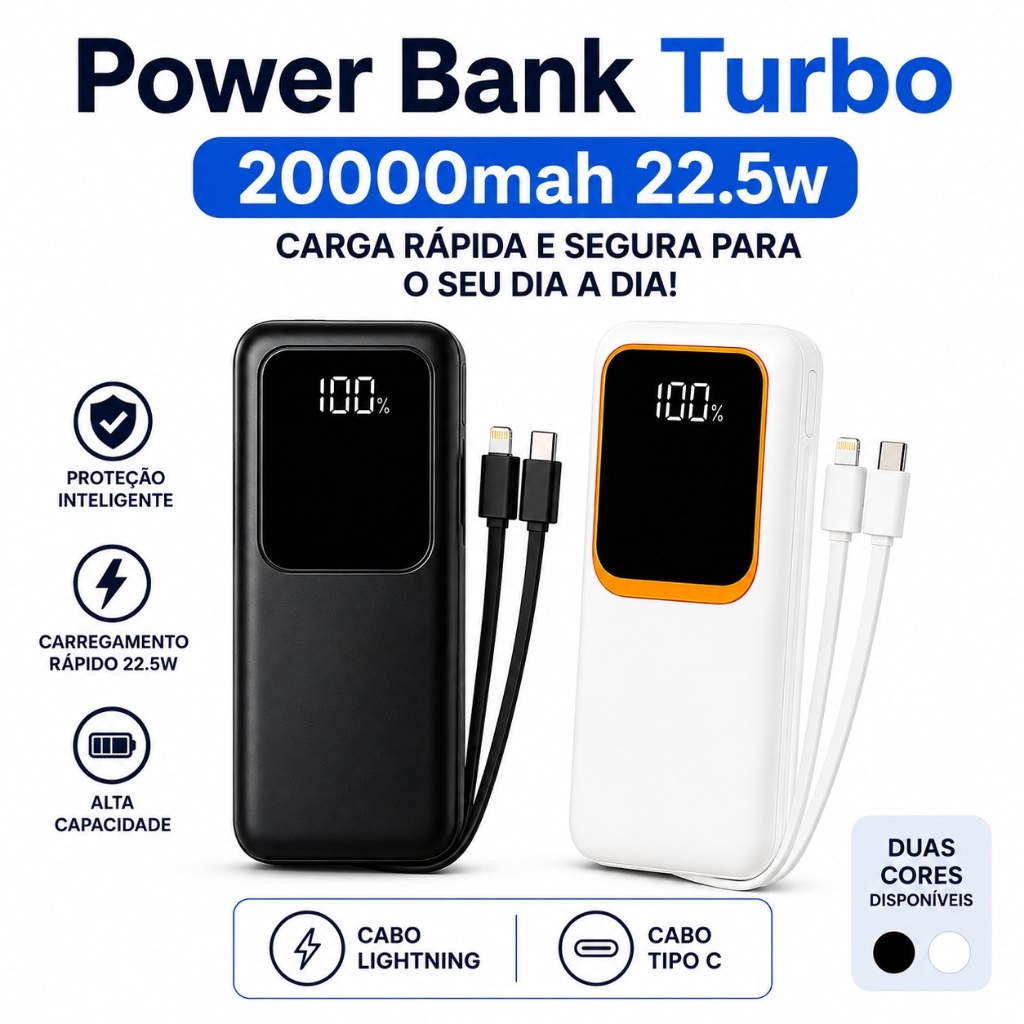 Carregador Portátil Power Bank Turbo 20000mAh 22.5W Premium iPhone Samsung Xiaomi