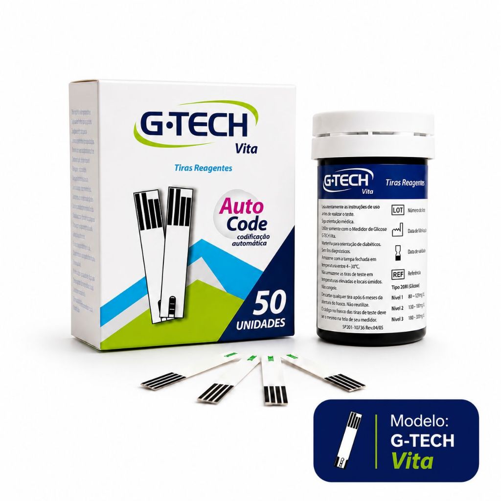 Tiras de Glicemia G-Tech VITA Auto Code Fitas de Glicose Original Caixa 50 Unidades