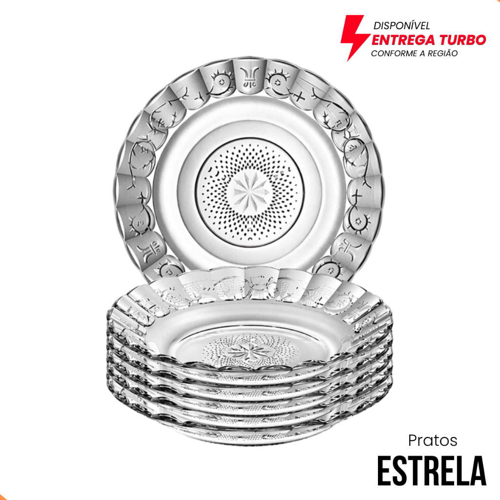 Jogo Pratos Vidro Egipcio Estrela 6 Pecas Prato Fundo Transparente Resistente Cozinha Mesa