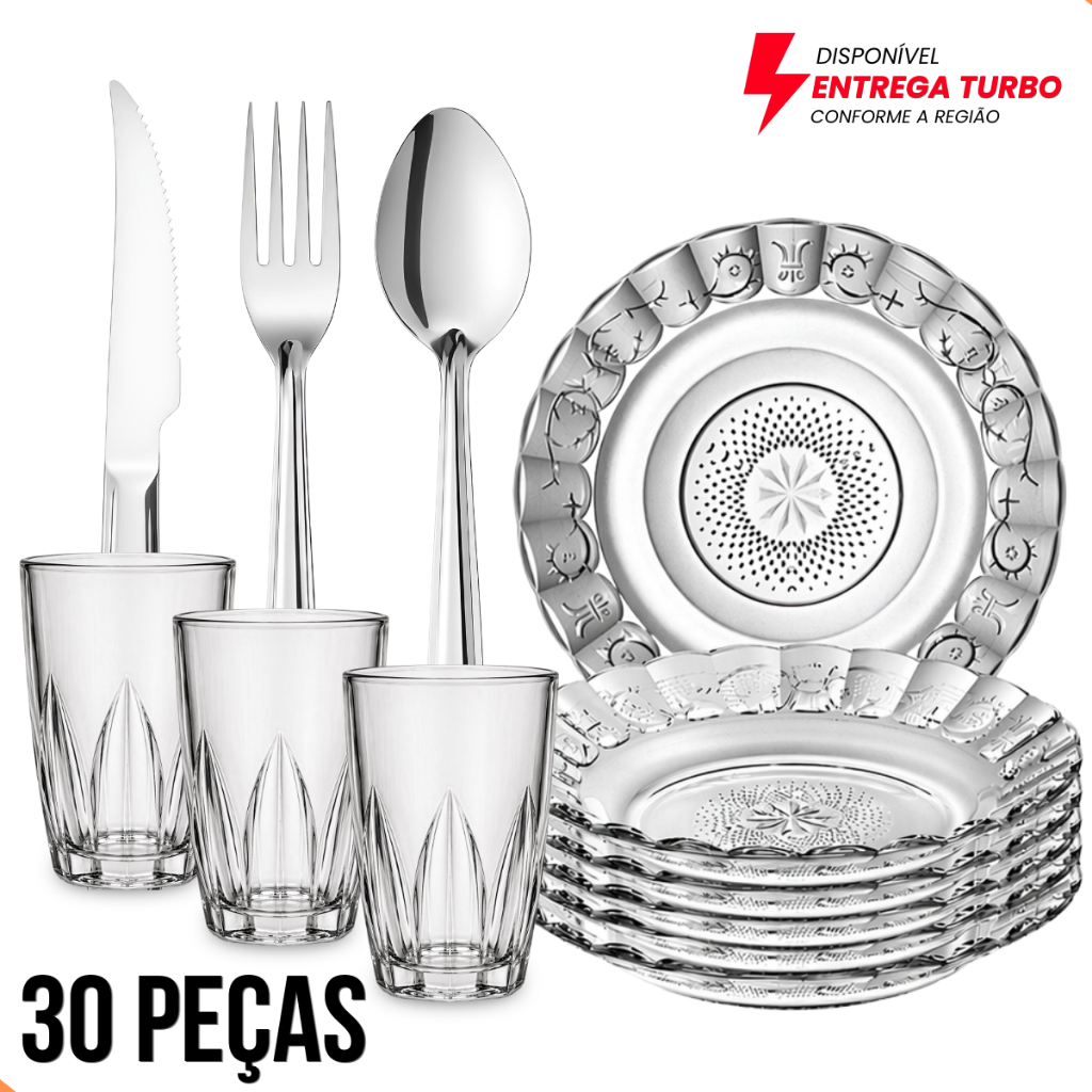 Kit Aparelho De Jantar 30 Peças Pratos Copos E Talheres Inox