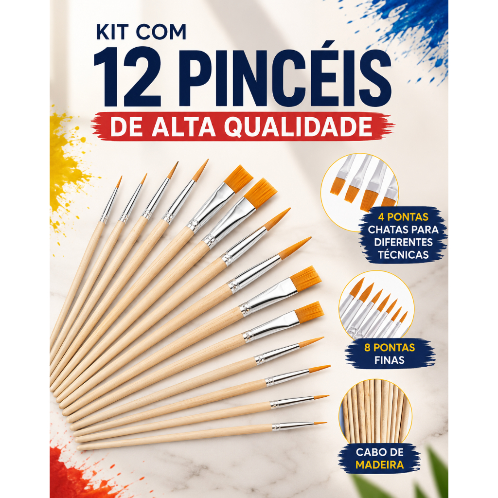 Conjunto de 12 Pincéis Artesanato Pintura Pontas Fina e Chata + Paleta