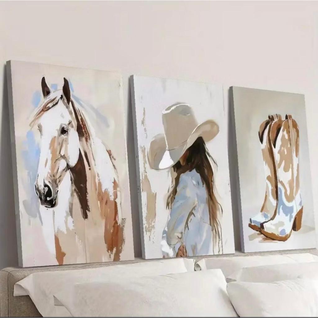 Kit 3 Placas Decorativas Rústicas Arte Feminina Sertaneja e Cavalo