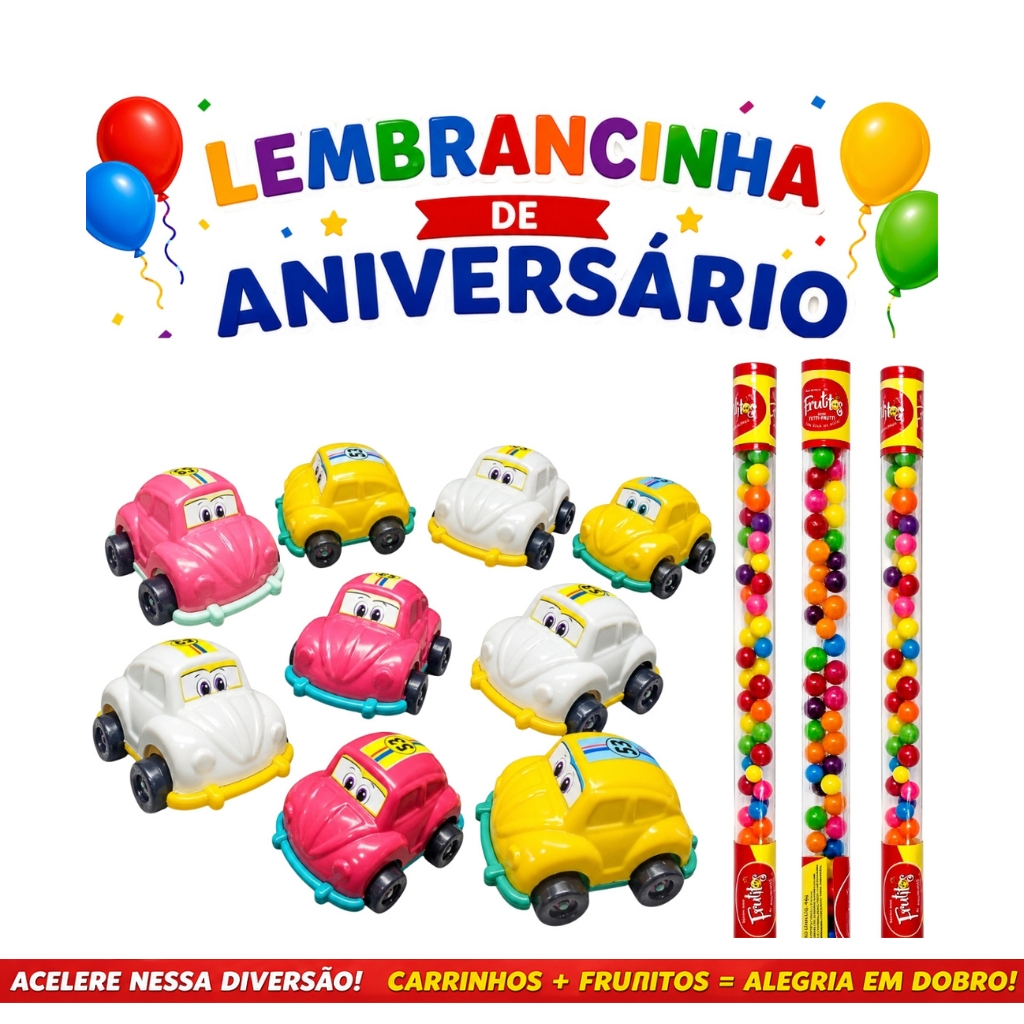 Kit 30 Itens (Tubinhos Balinhas Doce + Mini Fusca Cartoon) Lembrancinha aniversário Festa Infantil