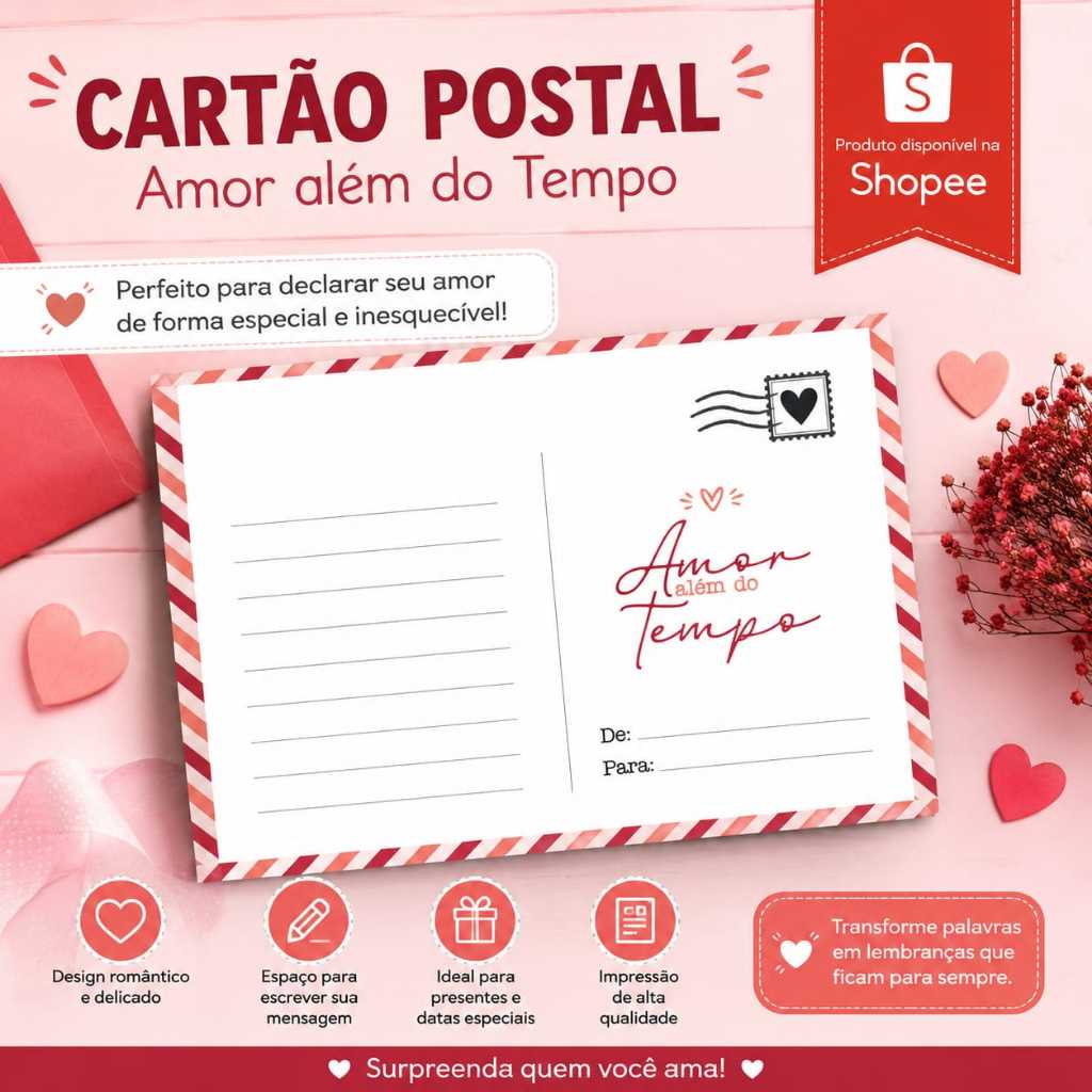 Kit com 20 Cartão Postal Amor Além do Tempo/Presente Criativo e Romântico/ Cartão Dia dos Namorados