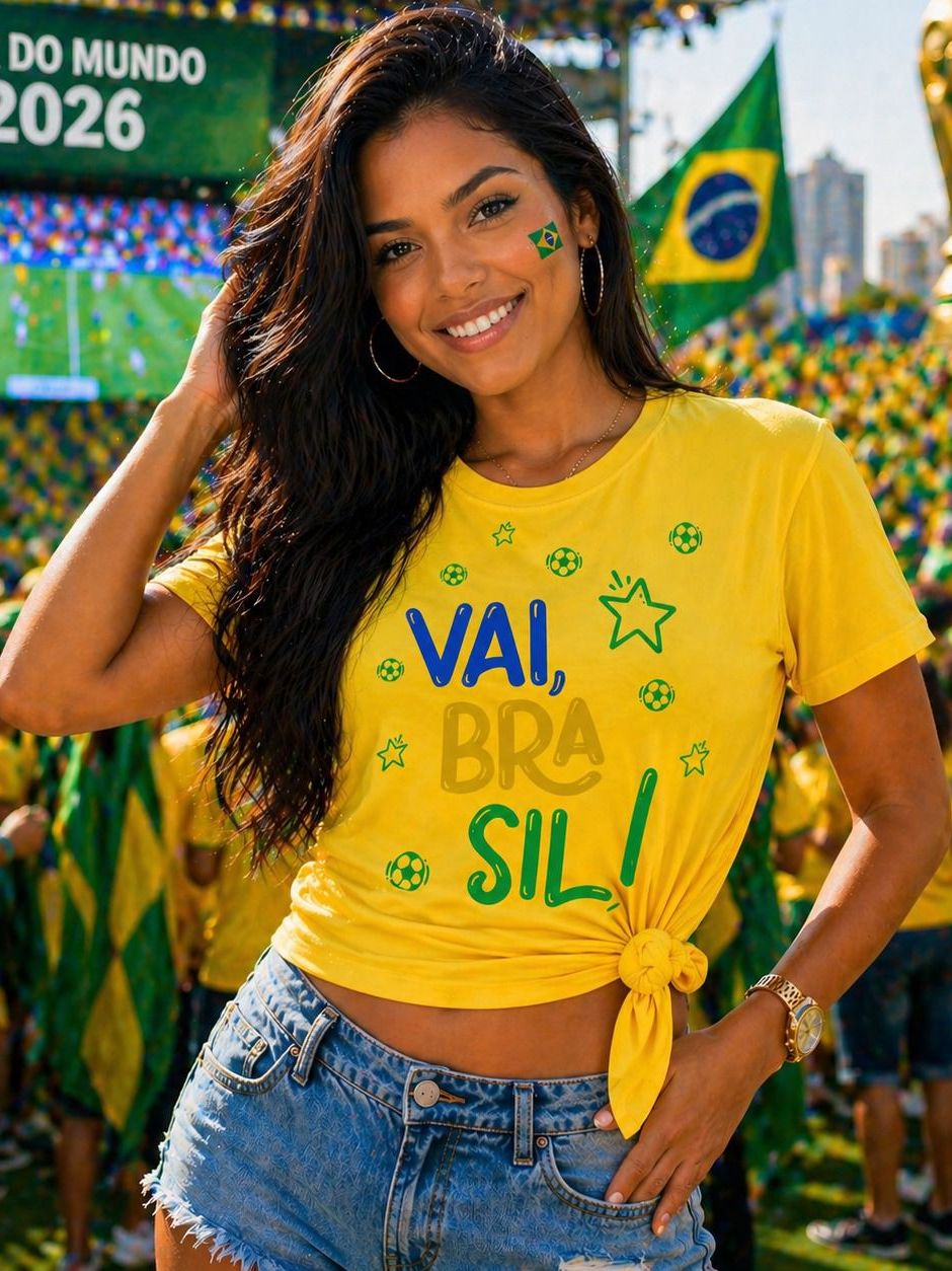 Camiseta Vai Brasil Copa 2026 Feminina Baby Look Seleção Brasileira Torcida Futebol Moda Casual Algodão Verde Amarelo