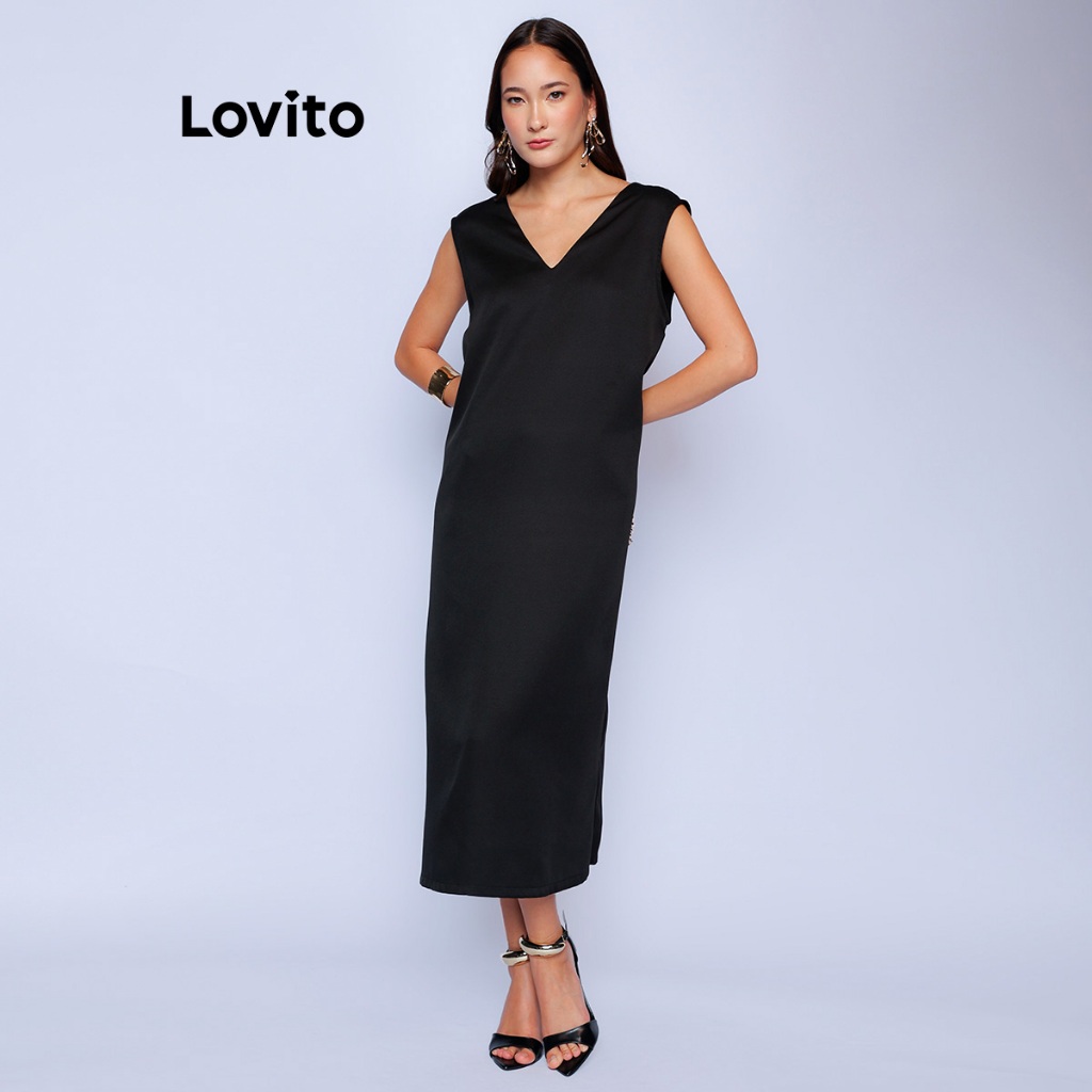 Lovito Vestido Feminino Elegante Midi Decote V DRB604BRL634