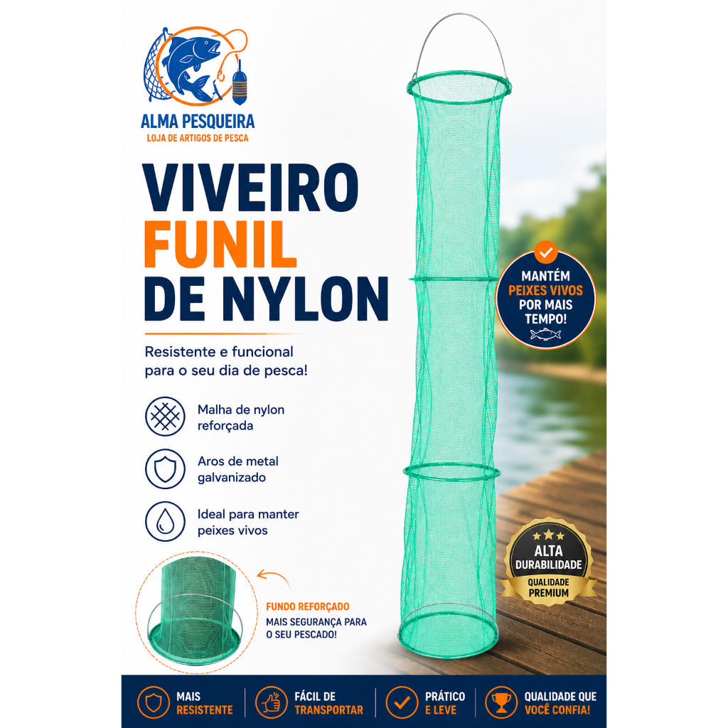 Viveiro Funil Especial de Nylon n° 0, 1, 2 e 3 | Samburá para Peixe Vivo | 5 Aros Galvanizados | Sambura para pesca
