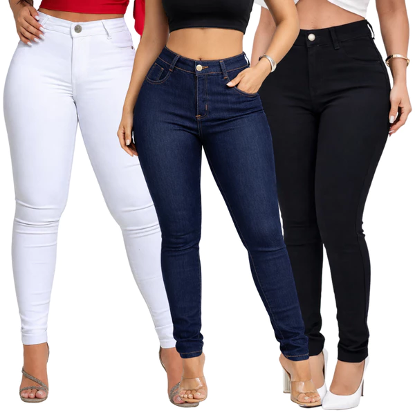Calça Jeans Feminina Skinny com Lycra Stretch Cintura Alta Efeito Empina Bumbum