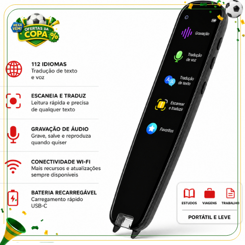 Caneta Tradutora Scanner Texto 112 Idiomas com Voz WiFi USB-C Leitor Digital Portátil para Estudos