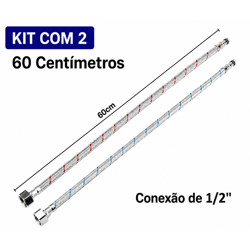Par Engate Flexível para Misturador Monocomando | 60cm 1/2" Prateado | KIT com 2