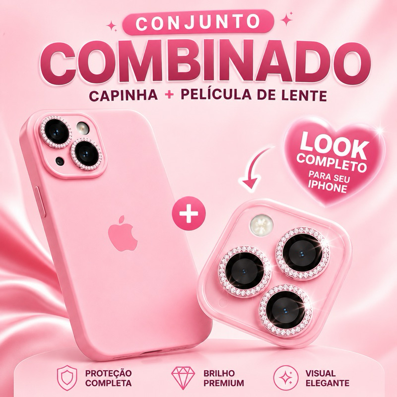 Kit Luxo para iPhone Capinha Silicone + Lente com Brilho