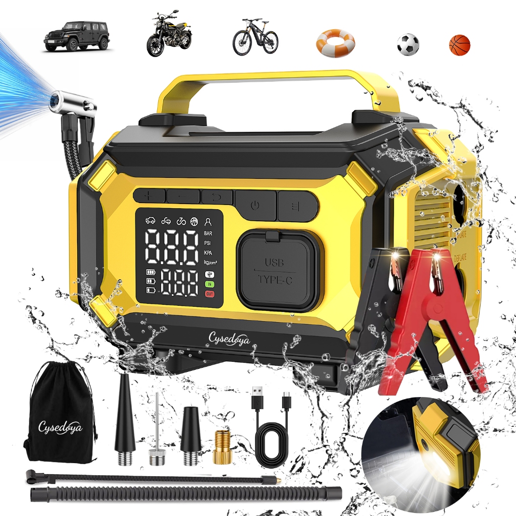 Auxiliar de Partida Portátil 9000A 150PSI Compressor de Ar Power Bank 29800mAh Lanterna LED Tela Digital
