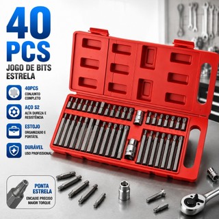 Kit 40 Peças Jogo de Bits Torx e Allen Multidentada com Várias Medidas - Kit Ferramentas para Chave de Fenda