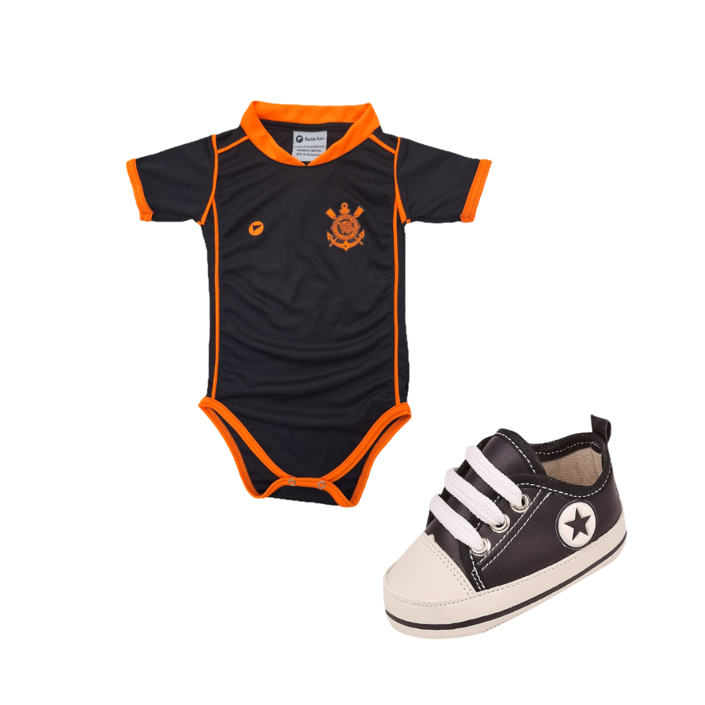 Kit 2 Peças Body Premium Oficial Torcida Baby Corinthians e Tênis Bebe Mania  71302 Preto