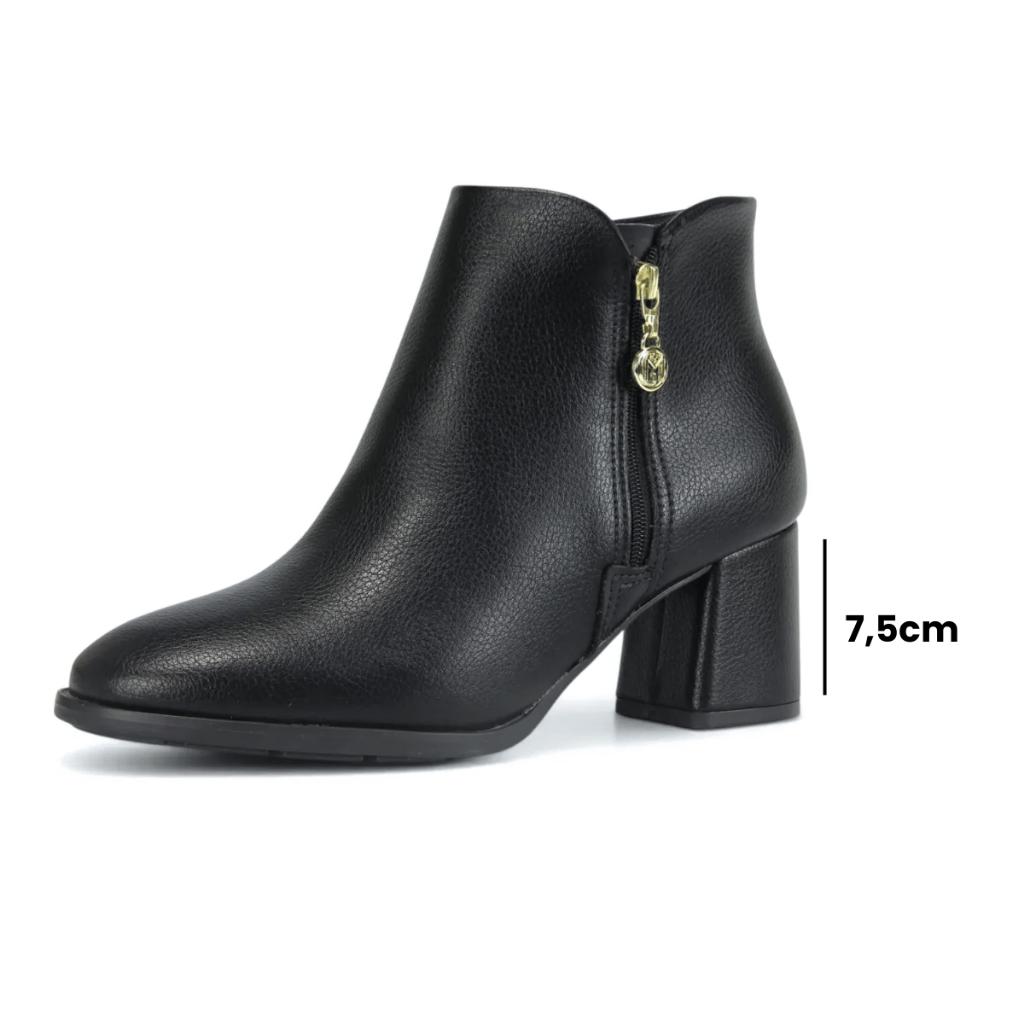 Bota Feminina Salto Grosso Cano Curto Zíper Lateral Elegante Bloco Medio