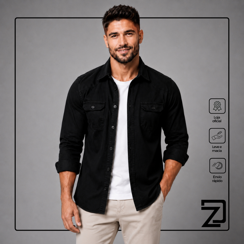 Camisa Jeans Masculina Sarja Premium Manga Longa Slim