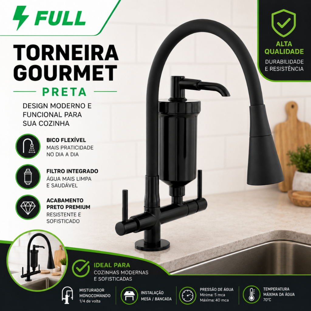 Torneira Bancada Com Filtro Purificador De Agua Gourmet Pia Cozinha Flexível 2 Jato Preto Fosco