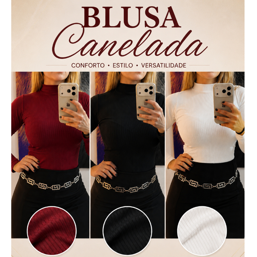 Kit 2 Blusas Cacharrel Canelada Feminina Gola Alta Manga Longa Elegante Moda Inverno Tendência
