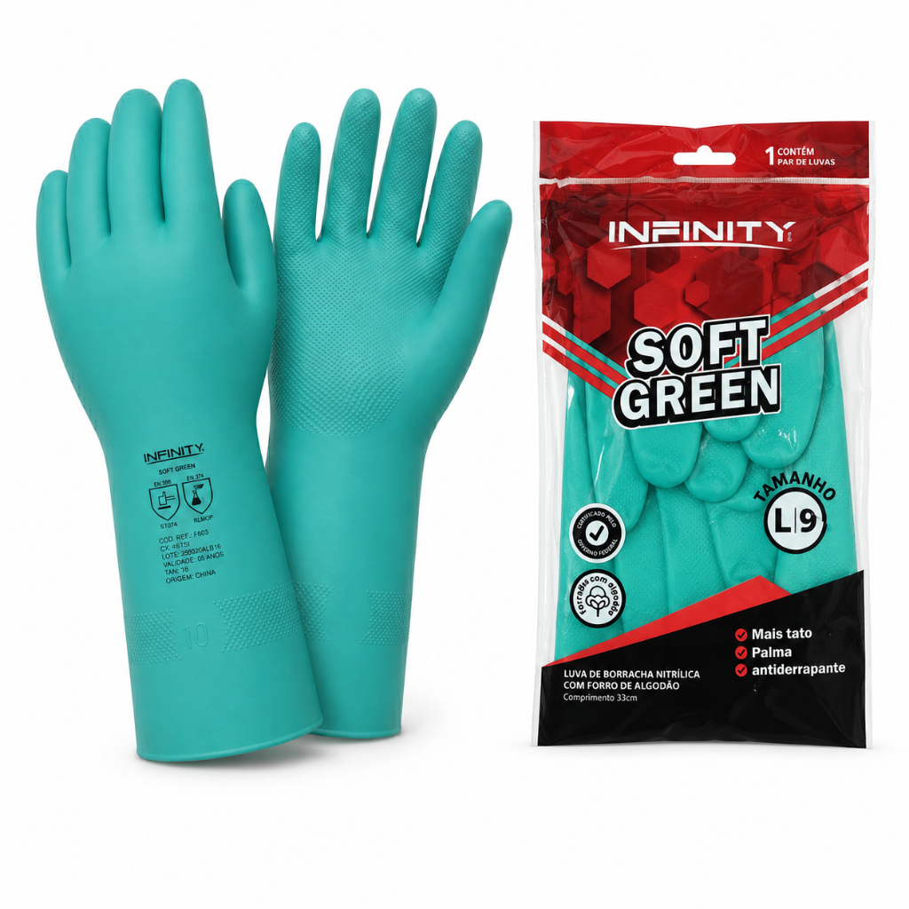 Kit 10 Prs Luva Nitrílica Verde Com Forro Limpeza Químico