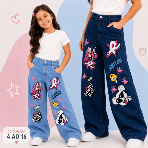 Calça Jeans Juvenil Feminina Wide Leg Estampas Emilly Vick Jeans Kids Para Meninas Emilly Vick Kids