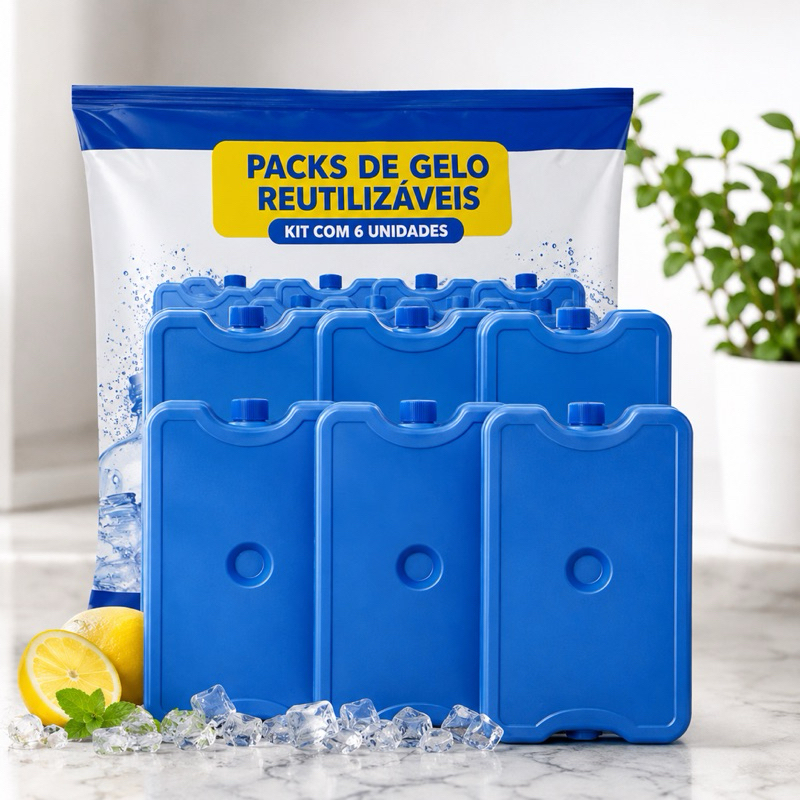 Kit Gelo Gel Rígido Reutilizável 200ml Pack com 6 ou 10 Unidades para Cooler, Lancheira e Bolsa Térmica