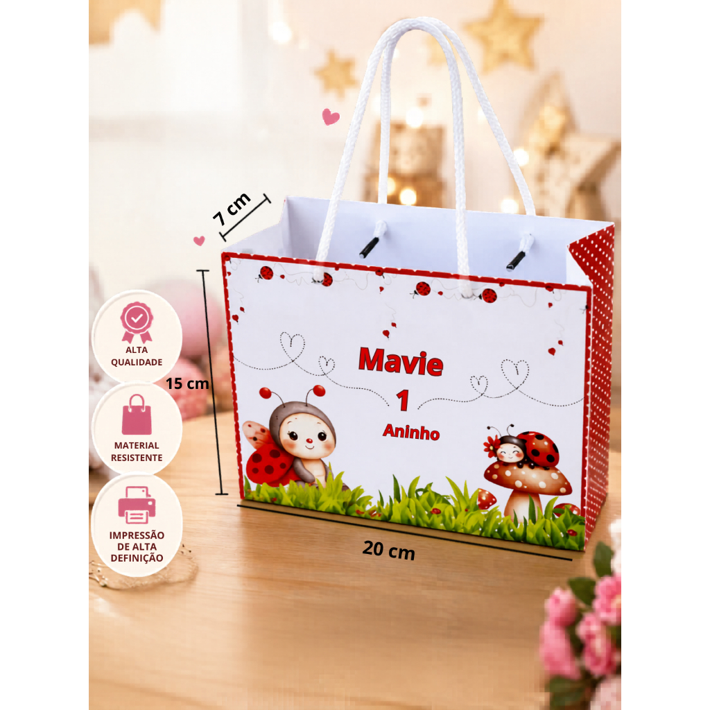Sacolinha Personalizada Joaninha|Lembrancinha|Aniversário|Papel fotografico matte|Fazemos todos os temas | PEGUE E MONTE