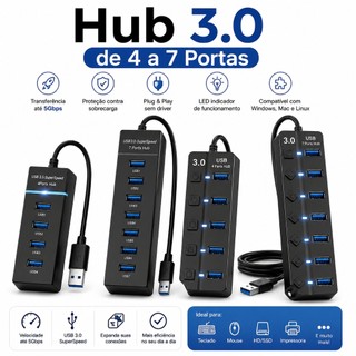Hub Grande Cabo USB 3.0 Adaptador 7 Portas Alta Velocidade Notebook PC Mouse Teclado 5Gbp…