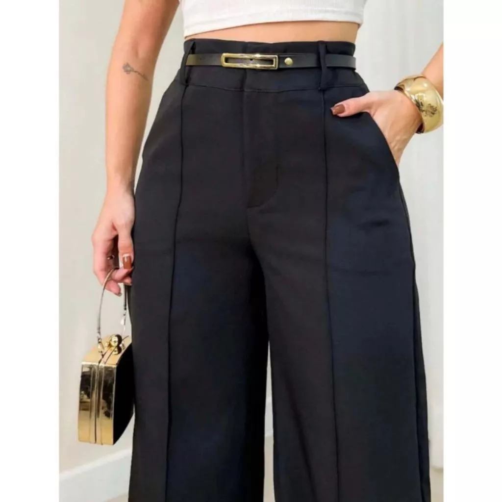 Calça Pantalona Alfaiataria Premium Cintura Alta Com Ziper Lateral Com Cinto PROMOÇAO — imagem 1