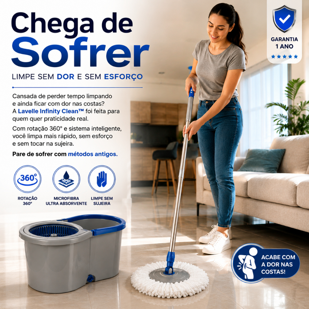 Lavelle Infinity Clean™NOVO Mop 360º com Balde 13L | Esfregão Giratório, Cabo Inox, Limpeza Prof