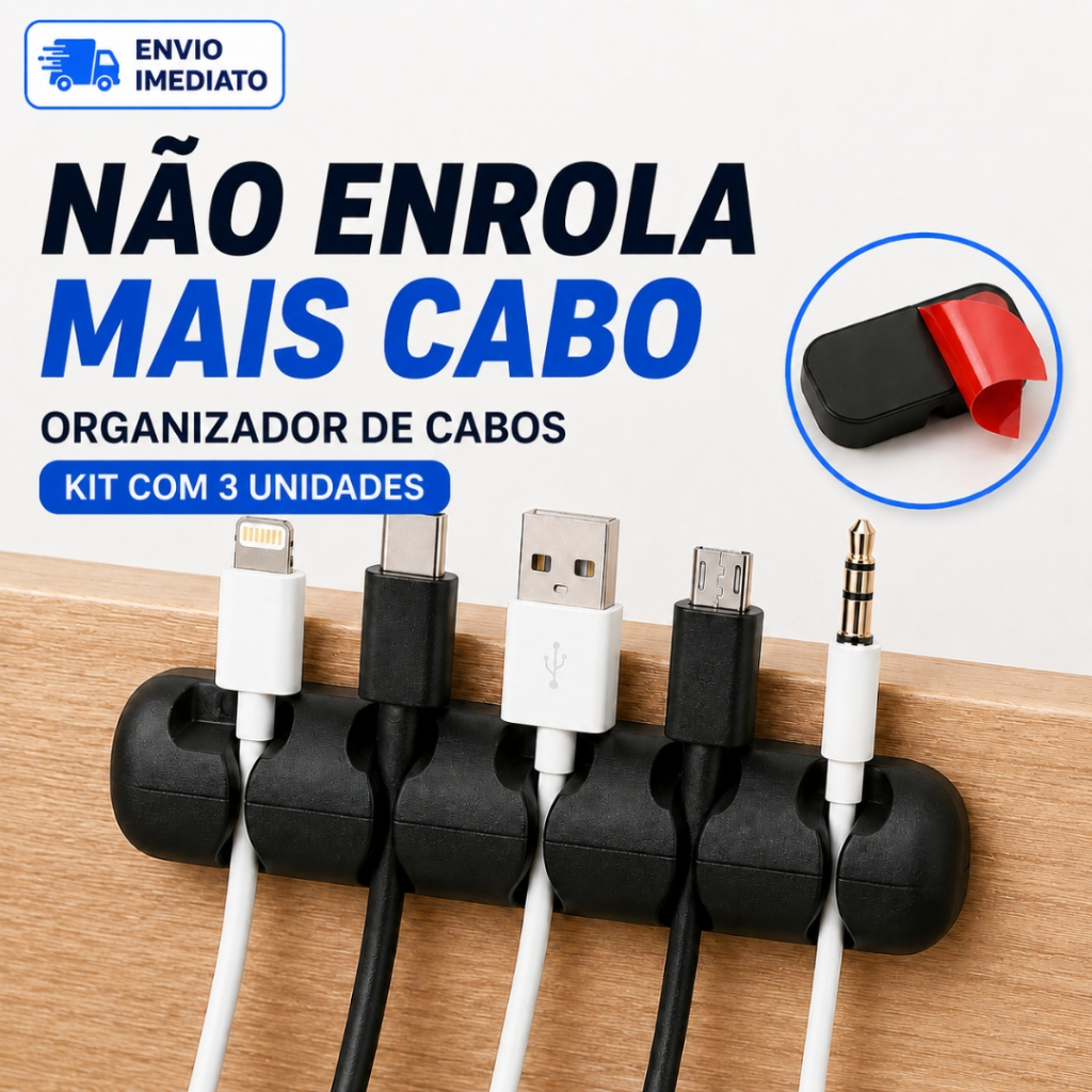 Kit 3 Organizador De Cabos Adesivo Suporte Fios Mesa Escritório Carregador Celular USB