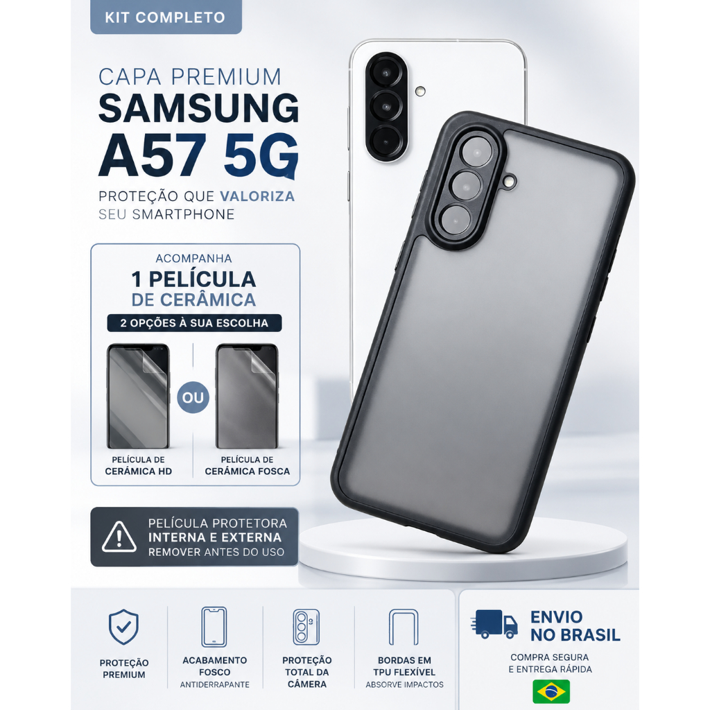 Kit Capa capinha translucida preto Premium Samsung galaxy A57 5g+Película Cerâmica HD/Fosca