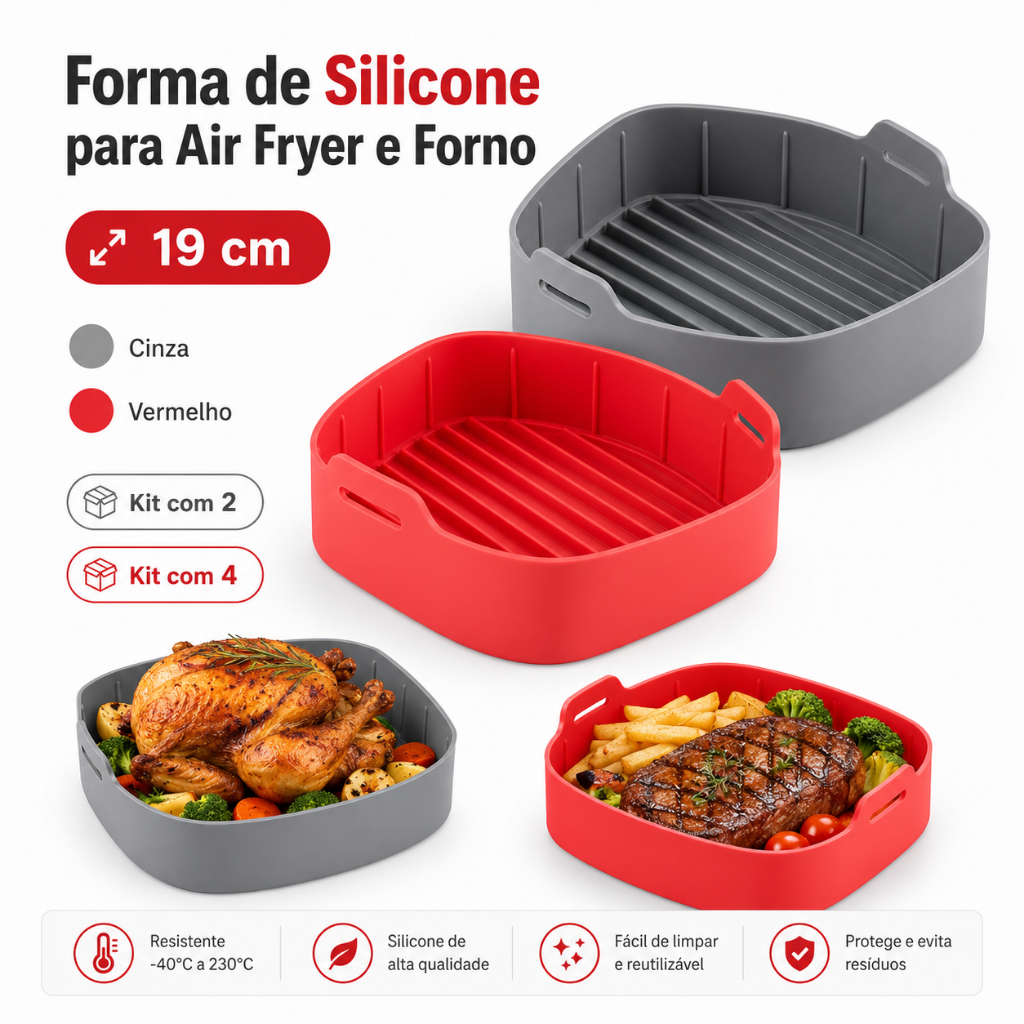 Conjunto 2 ou 4 Forma Silicone Air Fryer Quadrada 19cm Fritadeira Antiaderente Reutilizável