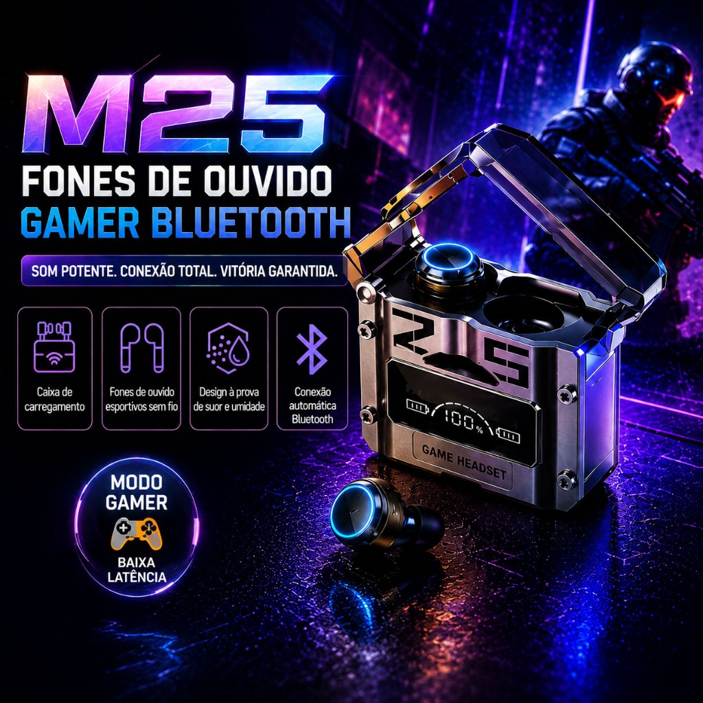 TWS M25 Fone De Ouvido bluetooth 5.3 Sem Fio Resistente a água Stereo Sports Earbuds LED Microphone
