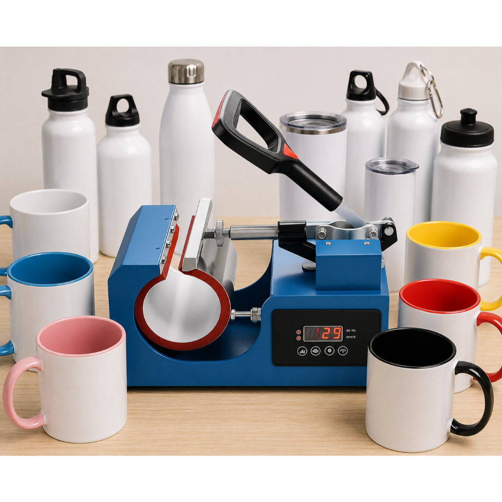 Prensa Térmica para Canecas Azul com Display Digital – Máquina de Sublimação para Caneca, Copos e Squeezes.