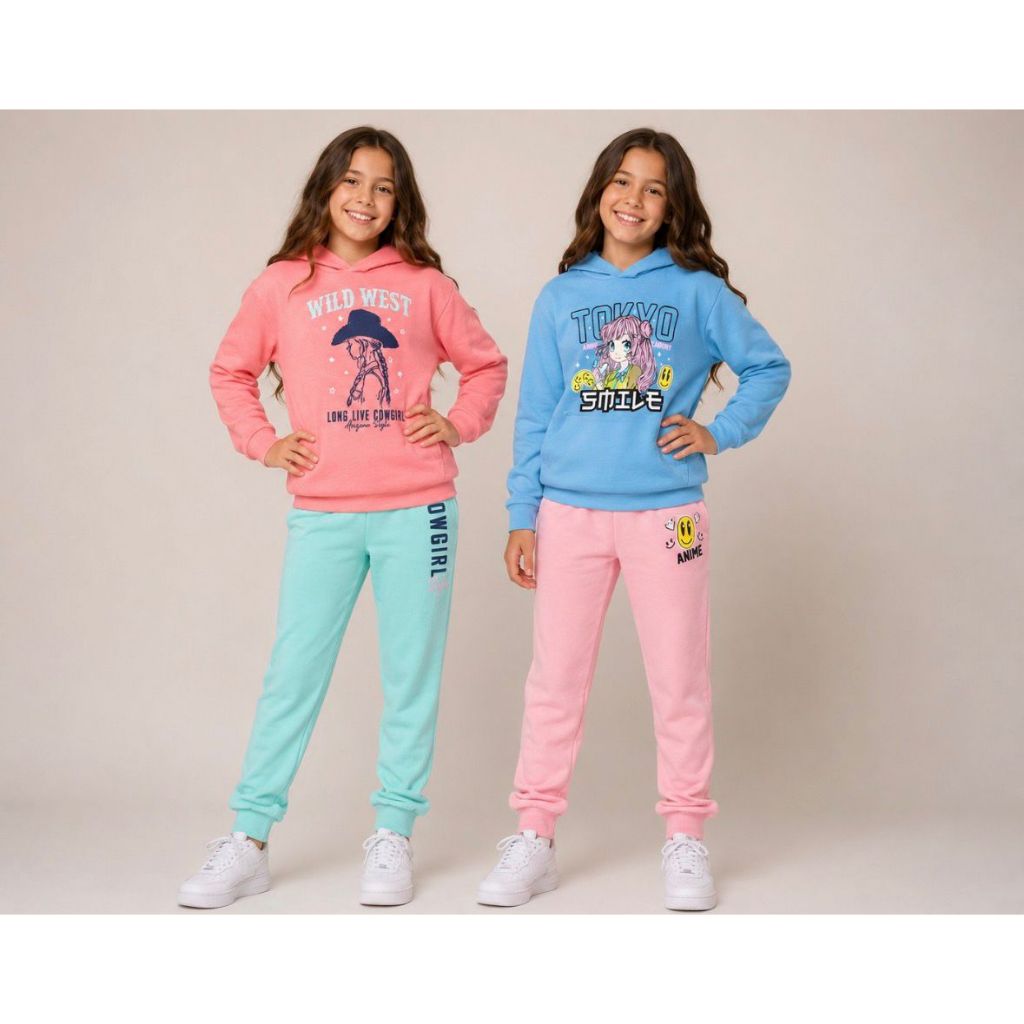 Kit 2 Conjuntos Juvenil Moletom com Capuz Menina-Inverno-Tamanhos 10 ao 14 Estampas Sortidas