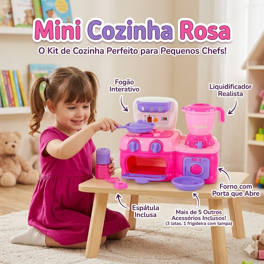 Mini Cozinha Rosa com Fogão, Forno, Liquidificador, Espátula e Outros Acessórios Para Mini Chefs