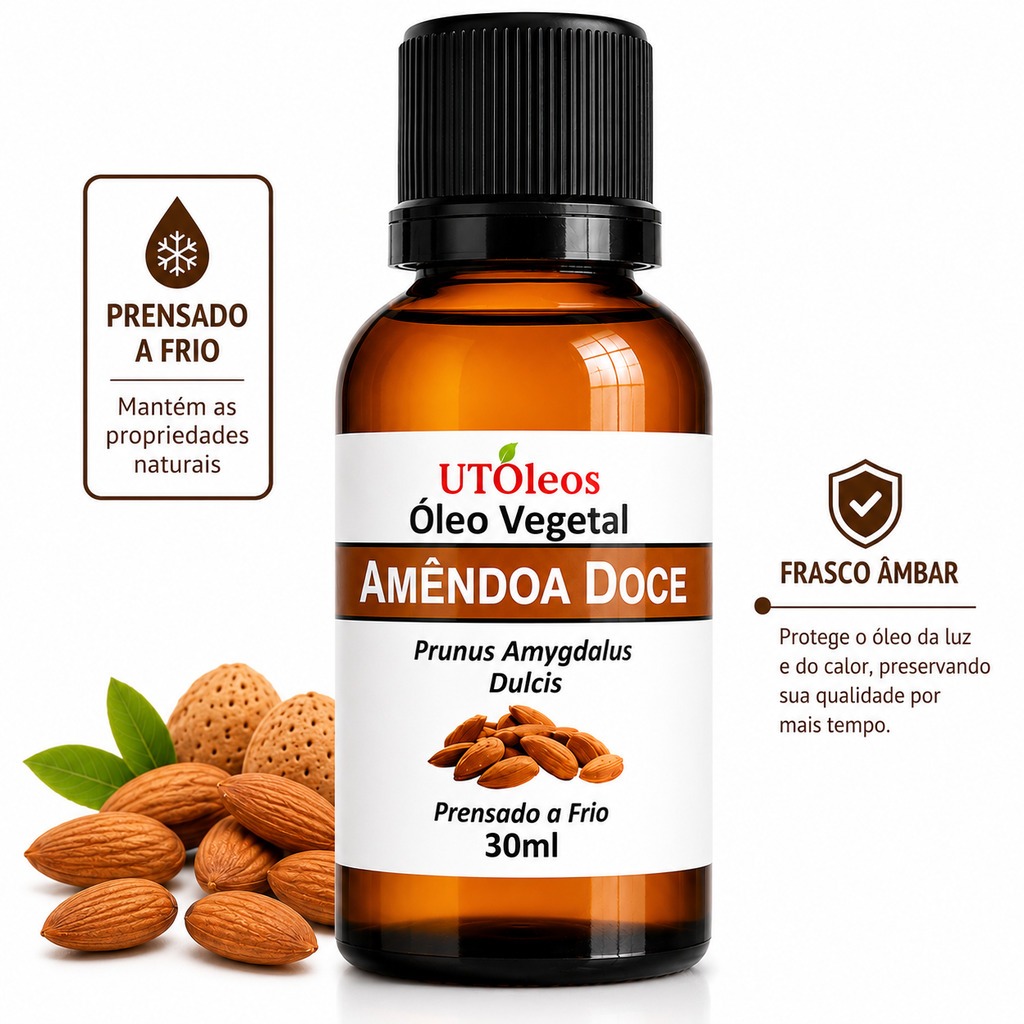 Óleo Vegetal Amêndoas Doce 30ml Puro Natural Prensado a Frio Vegano Hidratação Pele e Cabelo Uso Diário Qualidade